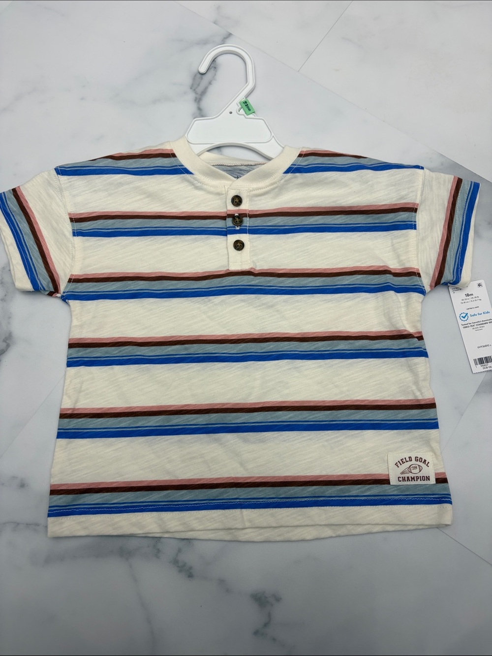 Carter's Cream Henley Tee with Blue & Brown Stripes